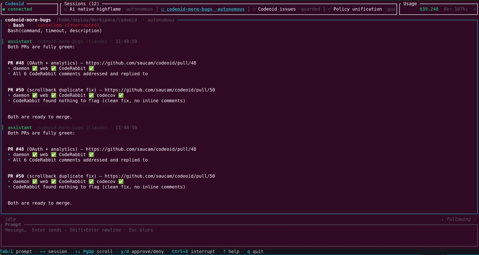The codeoid-ui Rust terminal cockpit showing the codeoid-more-bugs session: a top tab bar of 12 sessions with the active one highlighted, a usage and cost readout on the right, the live session log, a prompt box, and a keybinding bar along the bottom.